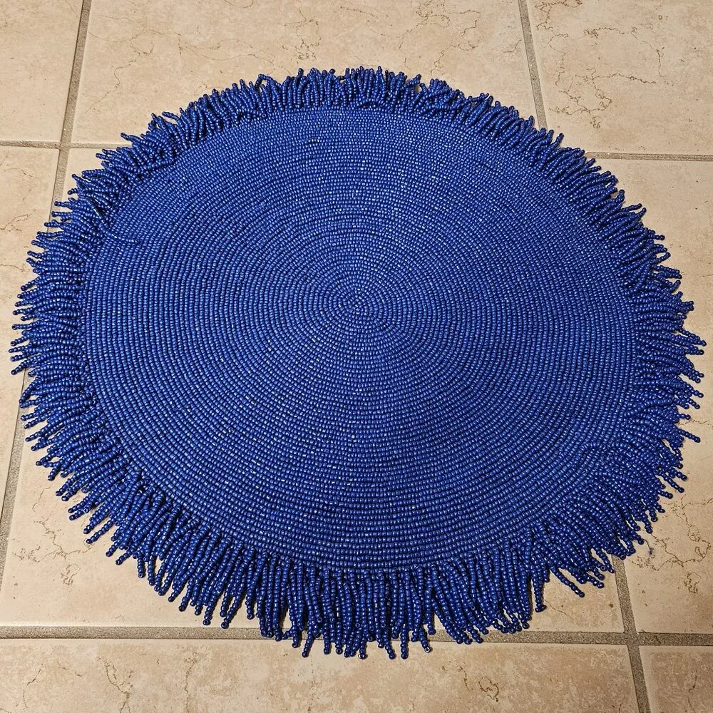 RARE KIM SEYBERT SUMMER BEACH OCEAN NAUTICAL CORAL BLUE FRINGE BEADED PLACEMAT